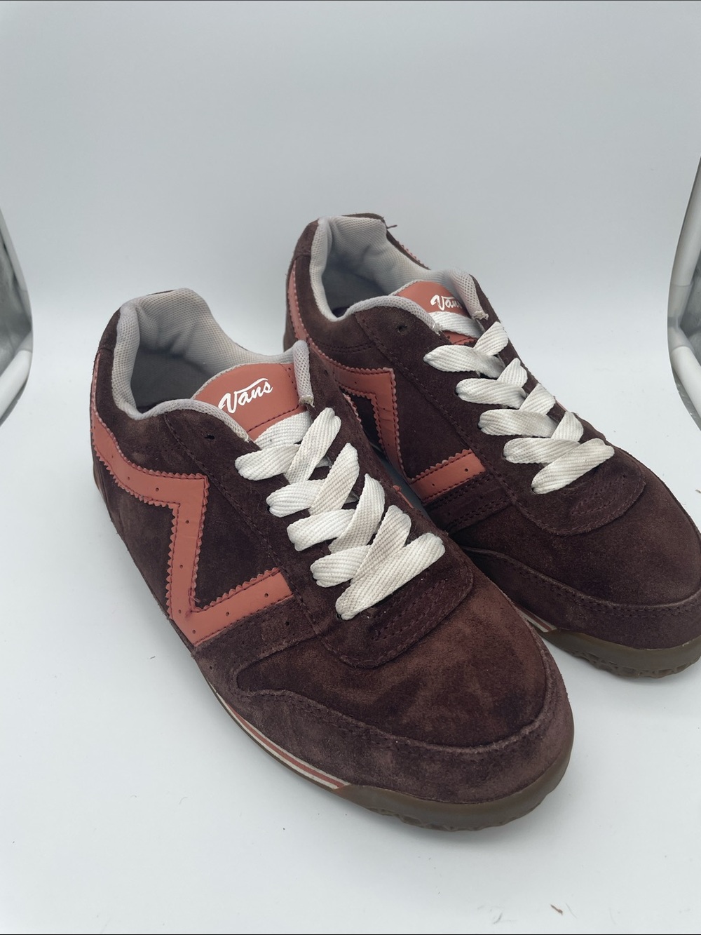 Retro Vans Brown Suede Sneakers with Pink/ Salmon Accents W 9.5
